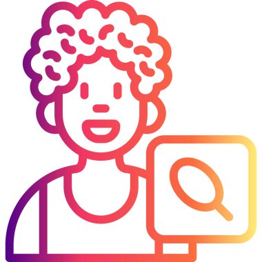 Gülümseyen kıvırcık saçlı bir kişi, içinde beyaz bir düğmenin üzerinde büyüteç bulunan küçük bir karenin yanında gri çizgi ikonu olarak belirir..