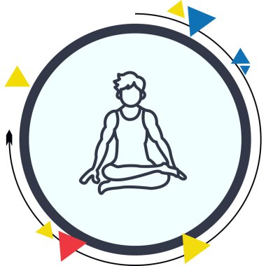 Minimalist çizgi ikonu, yoga, meditasyon ve sükuneti temsil etmek için çapraz bacaklı nilüfer çiçeğinin içinde oturan erkek figürüne sahiptir..