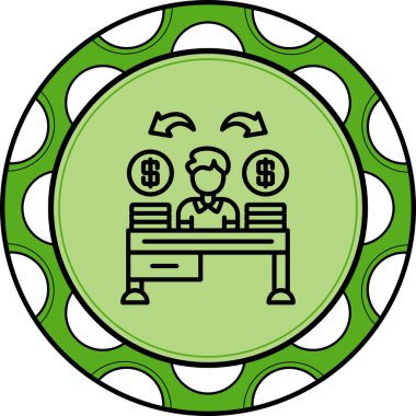 Para yığınları ve finansal yönetimi veya zenginlik dağılımını temsil eden eğri oklarla masada oturan kişiyi gösteren yaratıcı simge