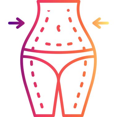 Bir kadın gövdesinin ve üst bacaklarının vücut hatlarını veya liposuction 'ı temsil eden kesik çizgiler ve oklar içeren bir taslak simgesi..