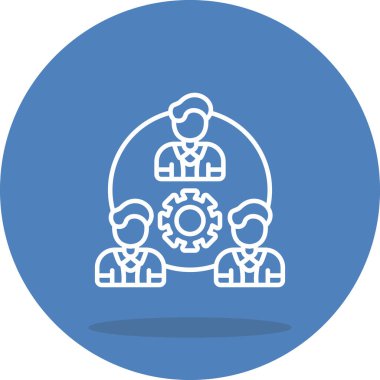 Dairesel amblem, takım çalışmasını ve endüstriyel işbirliğini sembolize etmek için gri ve pembe arka planda büyük teçhizatları çevreleyen resimli adamları gösteriyor..