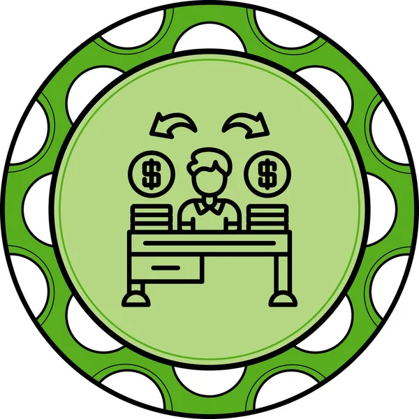 Para yığınları ve finansal yönetimi veya zenginlik dağılımını temsil eden eğri oklarla masada oturan kişiyi gösteren yaratıcı simge