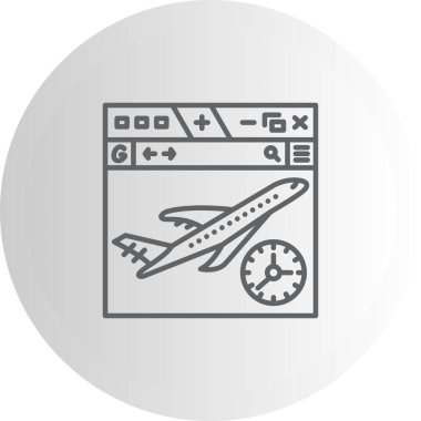 Seyahat web sayfaları için web tarayıcı penceresindeki bir uçak ve saatin basit bir çizgisi çizimi.