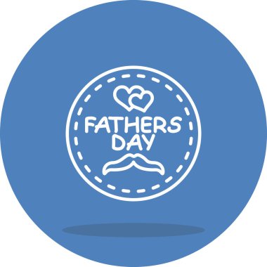 İçinde iki kalp, bir bıyık ikonu ve kutlama metni bulunan dairesel Babalar Günü rozeti, bayram selamlama uygulamaları veya mevsimsel web afişleri için uygun.