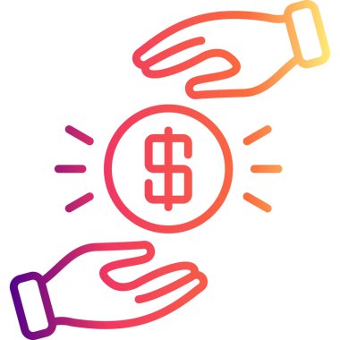 Finansal işlemleri, bağış bağışı, ödeme ve servet paylaşımını temsil eden parlayan para alışverişinde bulunan iki elin minimalist simgesi