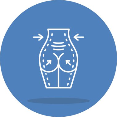 Çemberin içindeki bir kadın alt gövdesinin çizgi simgesi. Estetik cerrahi işaretler ve şekillendirme için oklar..