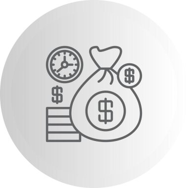 Zenginlik birikimi, zaman yönetimi ve yatırım büyümesini temsil eden bir para çantası, saat ve istiflenmiş paraların yer aldığı mali bir illüstrasyon.