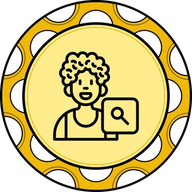 Kıvırcık saçlı mutlu insan büyüteç simgesinin yanında duruyor. Uygulama için uygun simge.