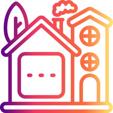 Dumanı tüten bir bacası ve ağacı olan iki renkli eğimli bina..