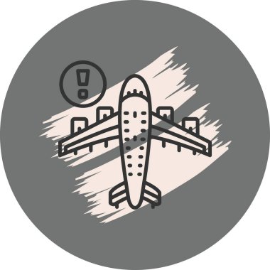A simple line drawing of an airplane with an exclamation mark suitable for travel apps or web pages.