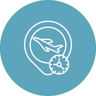 A simple line illustration of an airplane with a location pin marker and a clock, suitable for flight tracking or arrival time information on travel apps.