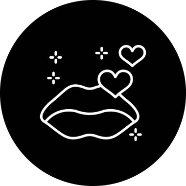 Renkli mor-turuncu bir gradyan üzerine kurulmuş, kalpleri ve ışıltıları olan bir çift dudak içeren canlı bir çizgi simgesi.