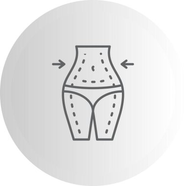 Bir kadın gövdesinin ve üst bacaklarının vücut hatlarını veya liposuction 'ı temsil eden kesik çizgiler ve oklar içeren bir taslak simgesi..