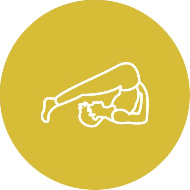 Minimalist çizgi ikonu, yoga, ileri esneme ve fiziksel uygunluğu temsil etmek için saban pozisyonu alan bir erkek figürüne sahip..