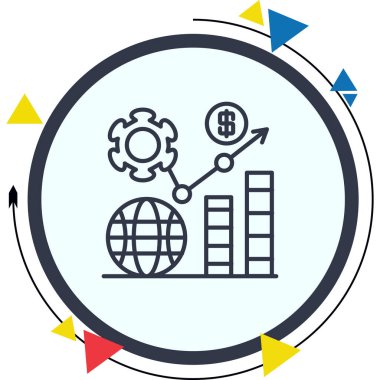Kavramsal bir finansal büyüme çizelgesi, bir küre, dişliler, bar grafikleri ve bir dolar işareti ile yukarı doğru bir ok gösteriyor..