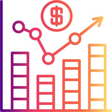 Uygulamalar veya ticaret sayfaları için uygun, bir çember içinde bar grafikleri, bir bozuk para ve yükselen bir ok gösteren mali iş illüstrasyonu.