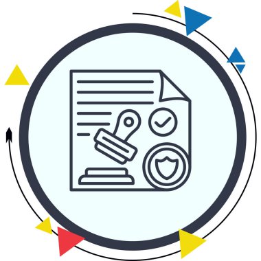 Damgalı bir belge, kontrol işareti ve koruyucu bir kalkan sembolü içeren yasal uyum grafikleri.