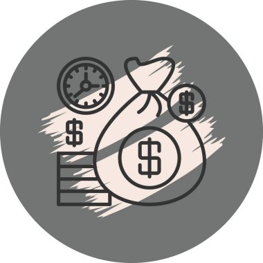 Zenginlik birikimi, zaman yönetimi ve yatırım büyümesini temsil eden bir para çantası, saat ve istiflenmiş paraların yer aldığı mali bir illüstrasyon.