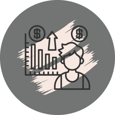 Yükselen çubuk grafiği ve finansal uygulamalar için para birimi sembolleri olan bir adamın basit bir çizgi çizimi.