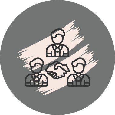 Merkezi bir dairesel amblemde, dört adam ve dijital devre hatlarıyla çevrelenmiş iki el sıkışması resmedilmiş, resmi bir iş anlaşmasını simgeliyor..