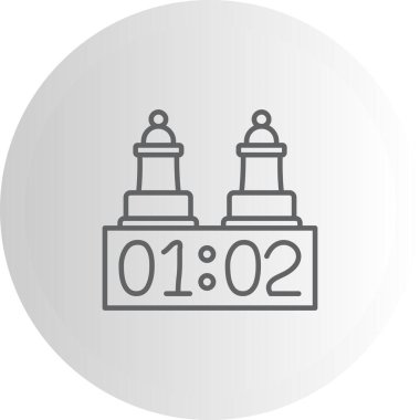 Satranç saatinin dijital zamanlayıcısının üzerinde duran iki satranç piyonunu tasvir eden minimalist çizgi simgesi.
