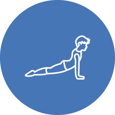 Minimalist çizgi simgesi, spor, esneklik ve sağlığı temsil eden dairesel düğme içinde kobra yoga pozu veren erkek figürüne sahiptir..