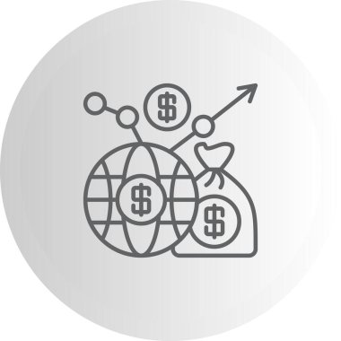 Bankacılık uygulamaları veya ticaret sayfaları için uygun bir dünya, para çantaları, madeni paralar ve yükselen oklar içeren mali illüstrasyon.