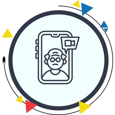 Görüntü Simgesi Ara. Arama sırasında yaşlı bir adamı sosyal uygulamalar veya web sayfaları için uygun bir şekilde akıllı telefon ekranında gösteren iletişim grafikleri.