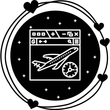 Seyahat web sayfaları için web tarayıcı penceresindeki bir uçak ve saatin basit bir çizgisi çizimi.