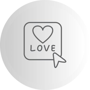 Yuvarlak kare düğme içinde sevgi sözcüğüyle basit bir kalp çizimi bilgisayar fare imleci ile dairesel sınırda oturur.