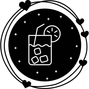 Buz küpleri, pipet ve turunçgil dilimli garnitürlü kokteyl bardağının minimalist çizgi simgesi..