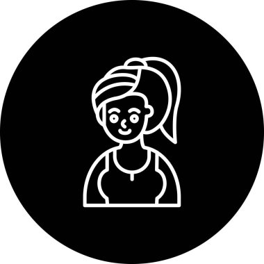 Saçı at kuyruğu olan ve spor bluzu giyen bir kadının minimalist çizgi simgesi..