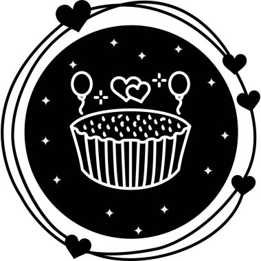 Kutlama için kalpler ve balonlarla süslenmiş bir kekin basit bir simgesi..