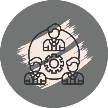 Dairesel amblem, takım çalışmasını ve endüstriyel işbirliğini sembolize etmek için gri ve pembe arka planda büyük teçhizatları çevreleyen resimli adamları gösteriyor..