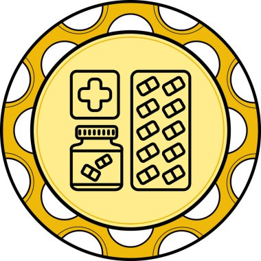 Uygulamalar veya web sayfaları için uygun kapsüllerle tıbbi ilaç şişesi ve su toplayıcı paketinin resimlendirilmesi, doğrusal bir sağlık tasarımı içerir.