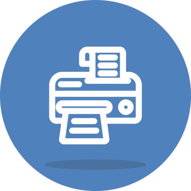 Ofis ekipmanı ve belge yazdırma hizmetlerini temsil etmek için dairesel düğme içinde kağıt sayfaları olan basit ana hat simgesi yazıcısı.