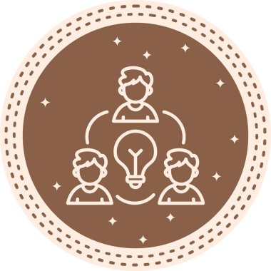 Minimalist taslak ikonu, beyin fırtınası ve kolektif fikir üretimini temsil eden büyük ampulün etrafında daire çizen üç kişiyi gösteriyor..