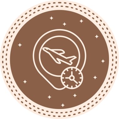 Uçuş takibi veya seyahat uygulamalarındaki varış zamanı bilgisi için uygun konum işaretleyicisi ve saate sahip bir uçağın basit bir çizgisi çizimi.
