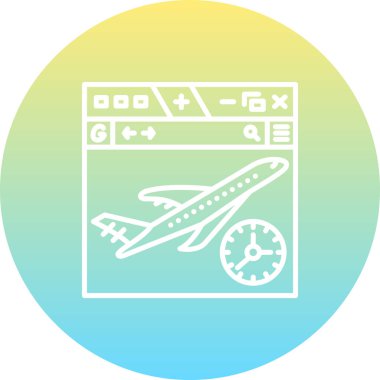 Seyahat web sayfaları için web tarayıcı penceresindeki bir uçak ve saatin basit bir çizgisi çizimi.