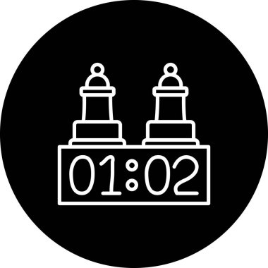 Satranç saatinin dijital zamanlayıcısının üzerinde duran iki satranç piyonunu tasvir eden minimalist çizgi simgesi.