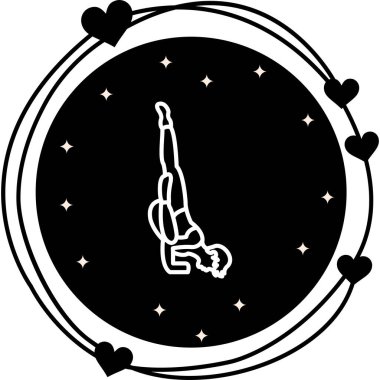 Minimalist çizimde düşmüş melek yoga pozu almış bir erkek figürü var, sağlık uygulamaları için ideal..