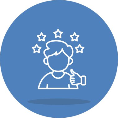 En iyi erkek müşteri, mutlu adam kafasının üstünde dairesel bir çerçevede 5 yıldızlı bir jest yapıyor. Uygulama için uygun simge.