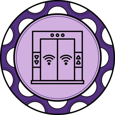 Uygulamalar veya web sayfaları için uygun okları ve sinyalleri olan minimalist asansör çizimi, dokulu bir daire üzerinde modern bir çizgi tasarımı içerir..