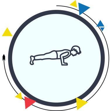 minimalist çizgi simgesi, erkek figürü dairesel düğme içinde besin, güç ve fiziksel eğitimi temsil eden tahta pozlar veriyor.