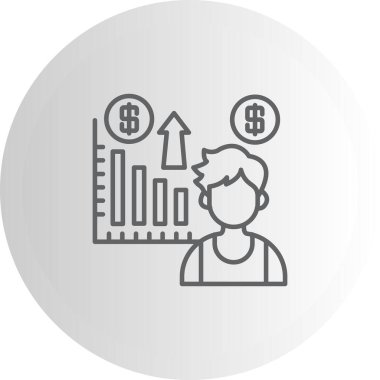 Yükselen çubuk grafiği ve finansal uygulamalar için para birimi sembolleri olan bir adamın basit bir çizgi çizimi.