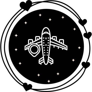 Uçuş takibi veya seyahat uygulamalarındaki varış zamanı bilgisi için uygun konum işaretleyicisi ve saate sahip bir uçağın basit bir çizgisi çizimi.