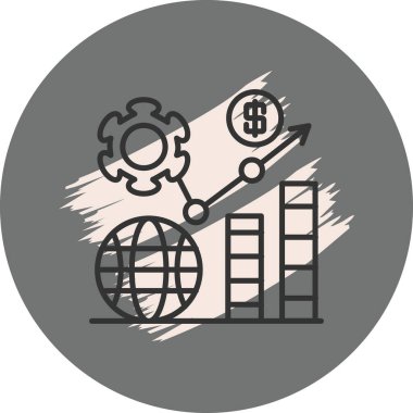 Kavramsal bir finansal büyüme çizelgesi, bir küre, dişliler, bar grafikleri ve bir dolar işareti ile yukarı doğru bir ok gösteriyor..