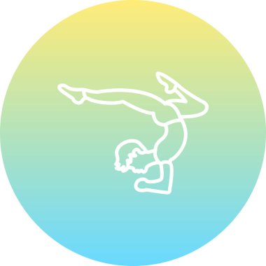 Minimalist çizgi ikonu, erkek figürünün dairesel düğme içinde poziyon vermesi gelişmiş fitness, denge ve atletik gücü temsil eder..