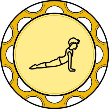 Minimalist çizgi simgesi, spor, esneklik ve sağlığı temsil eden dairesel düğme içinde kobra yoga pozu veren erkek figürüne sahiptir..
