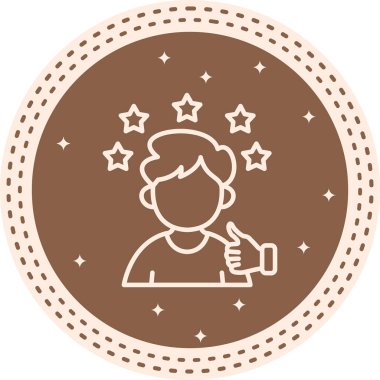 En iyi erkek müşteri, mutlu adam kafasının üstünde dairesel bir çerçevede 5 yıldızlı bir jest yapıyor. Uygulama için uygun simge.
